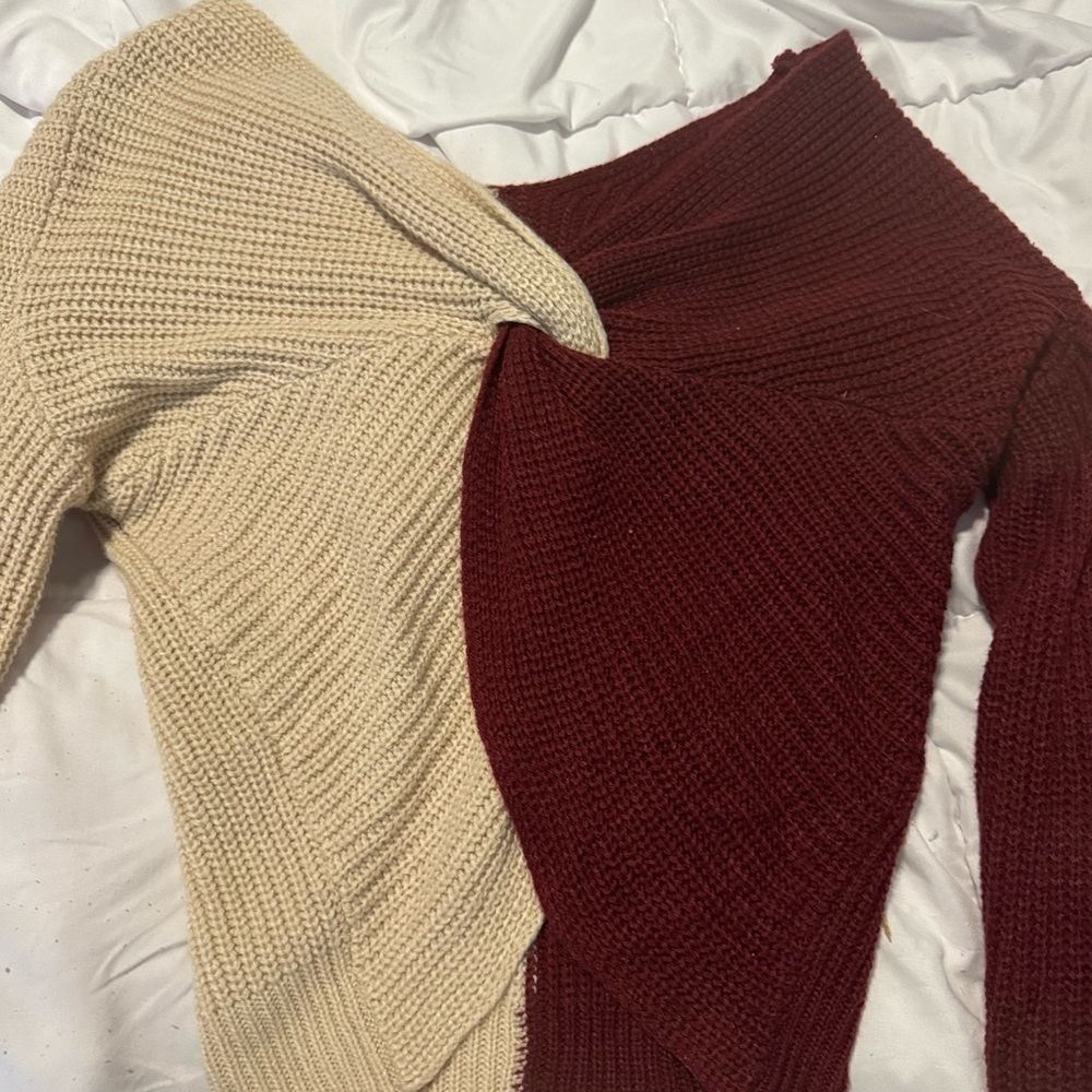 No Boundaries Off-the-Shoulder Sweater Set - Cream and Burgundy